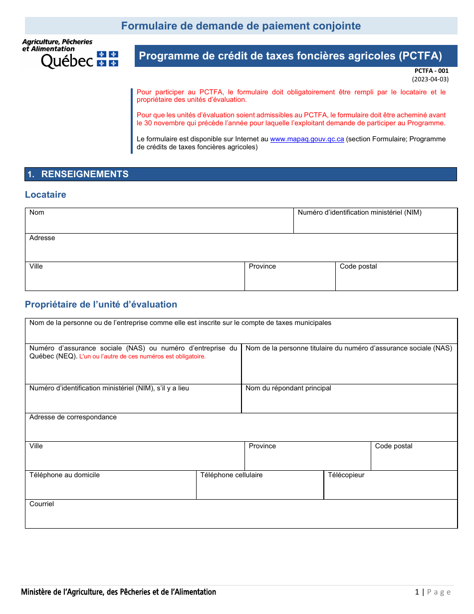 Forme PCTFA-001 Formulaire De Demande De Paiement Conjointe - Programme De Credit De Taxes Foncieres Agricoles (Pctfa) - Quebec, Canada (French), Page 1