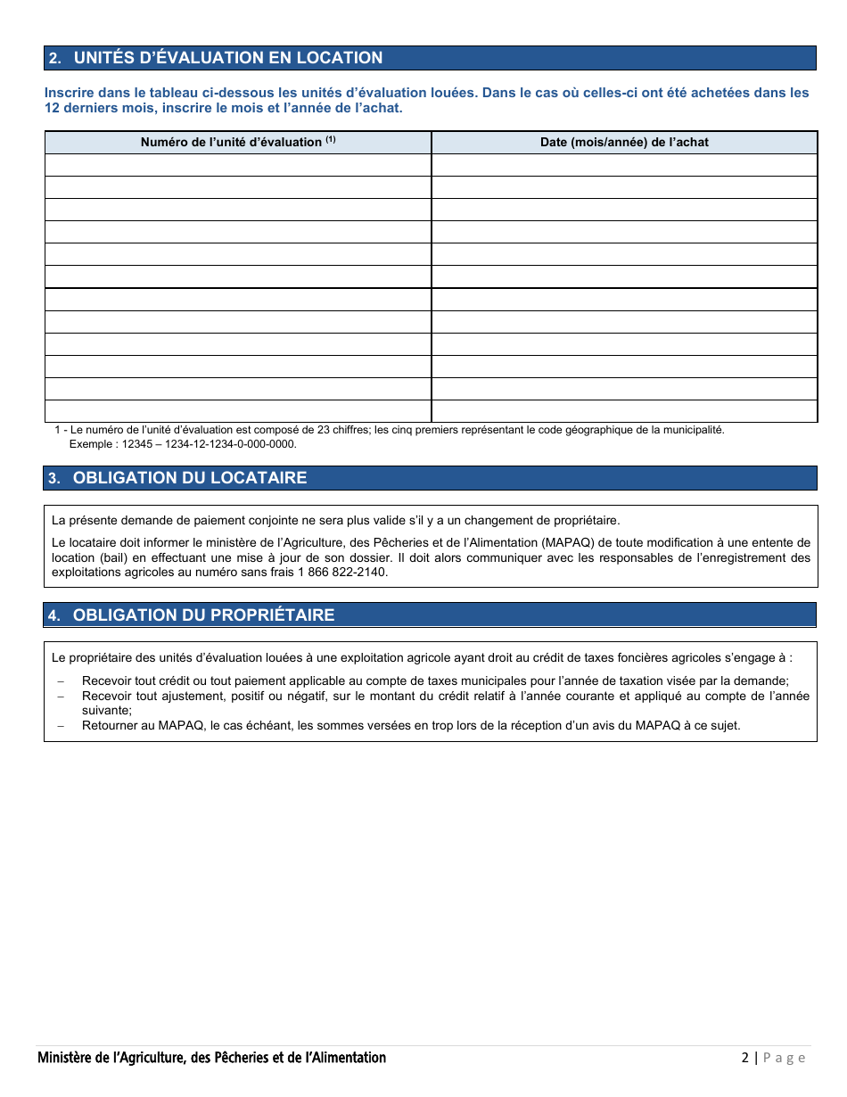 Forme PCTFA-001 Formulaire De Demande De Paiement Conjointe - Programme De Credit De Taxes Foncieres Agricoles (Pctfa) - Quebec, Canada (French), Page 2