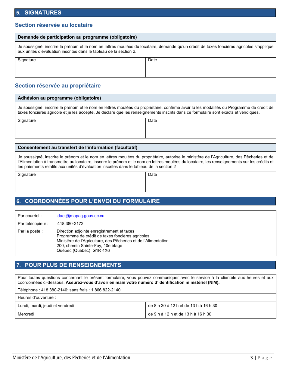 Forme PCTFA-001 Formulaire De Demande De Paiement Conjointe - Programme De Credit De Taxes Foncieres Agricoles (Pctfa) - Quebec, Canada (French), Page 3