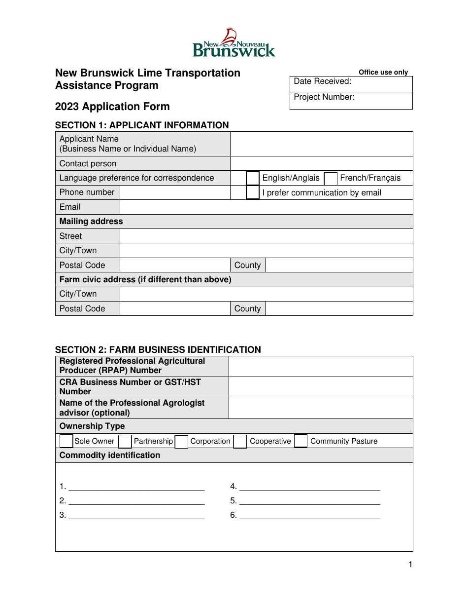 Application Form - New Brunswick Lime Transportation Assistance Program - New Brunswick, Canada, Page 1