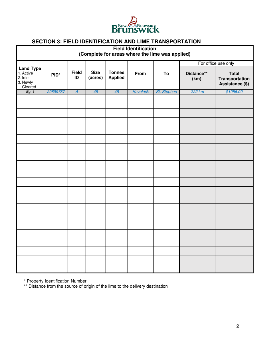 Application Form - New Brunswick Lime Transportation Assistance Program - New Brunswick, Canada, Page 2