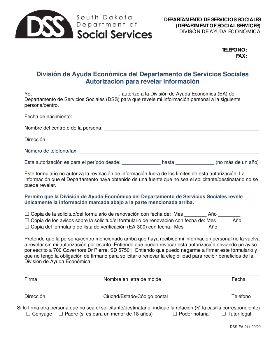 Formulario DSS-EA-211 Autorizacion Para Revelar Informacion - South Dakota (Spanish), Page 1