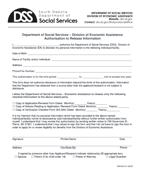 Form DSS-EA-211 Authorization to Release Information - South Dakota