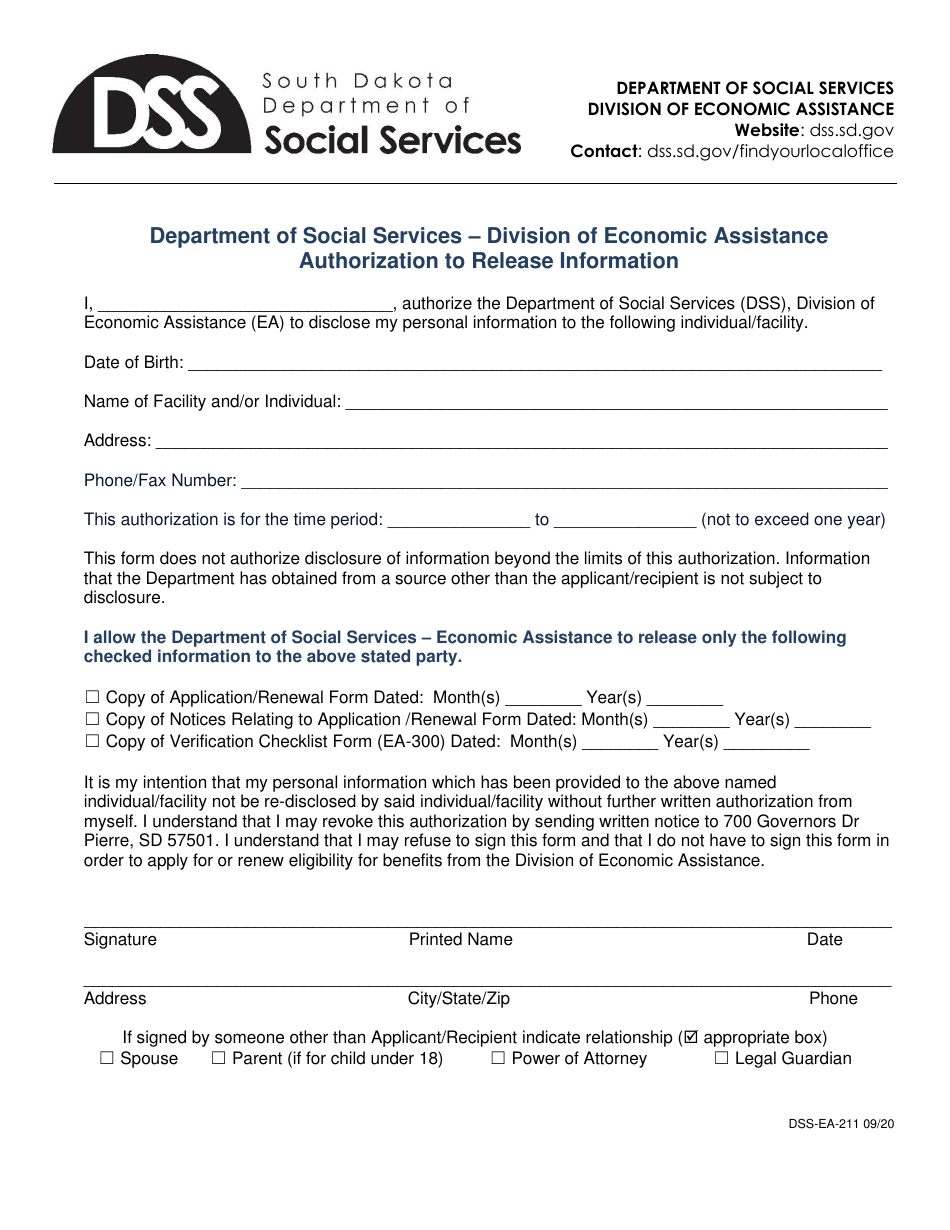 Form DSS-EA-211 Authorization to Release Information - South Dakota, Page 1
