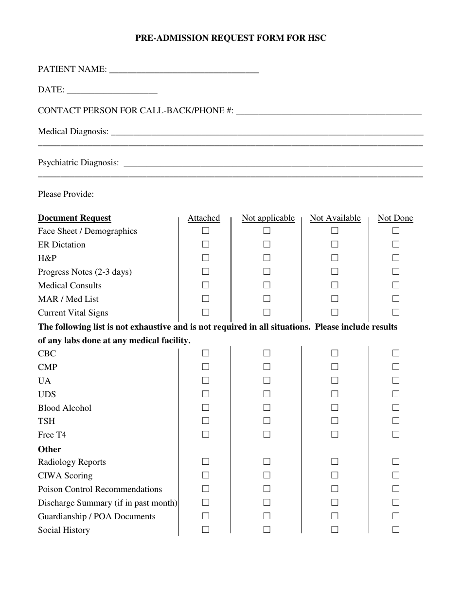 Pre-admission Request Form for Hsc - South Dakota, Page 1