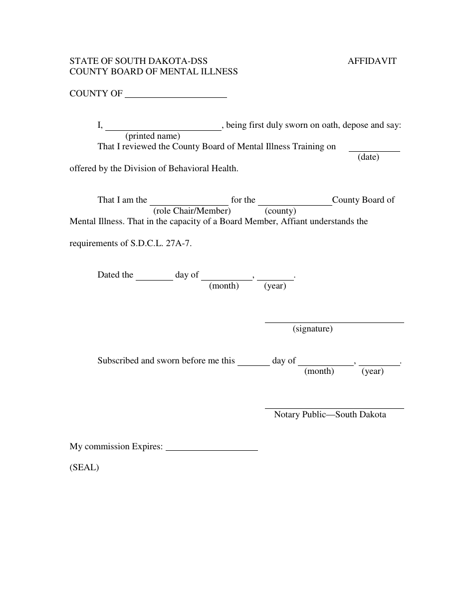 South Dakota Affidavit - County Board of Mental Illness - Fill Out ...