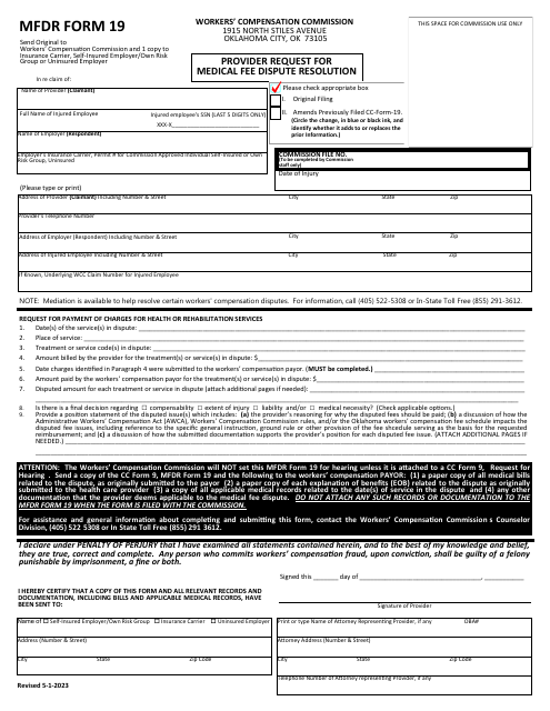 MFDR Form 19 Provider Request for Medical Fee Dispute Resolution - Oklahoma