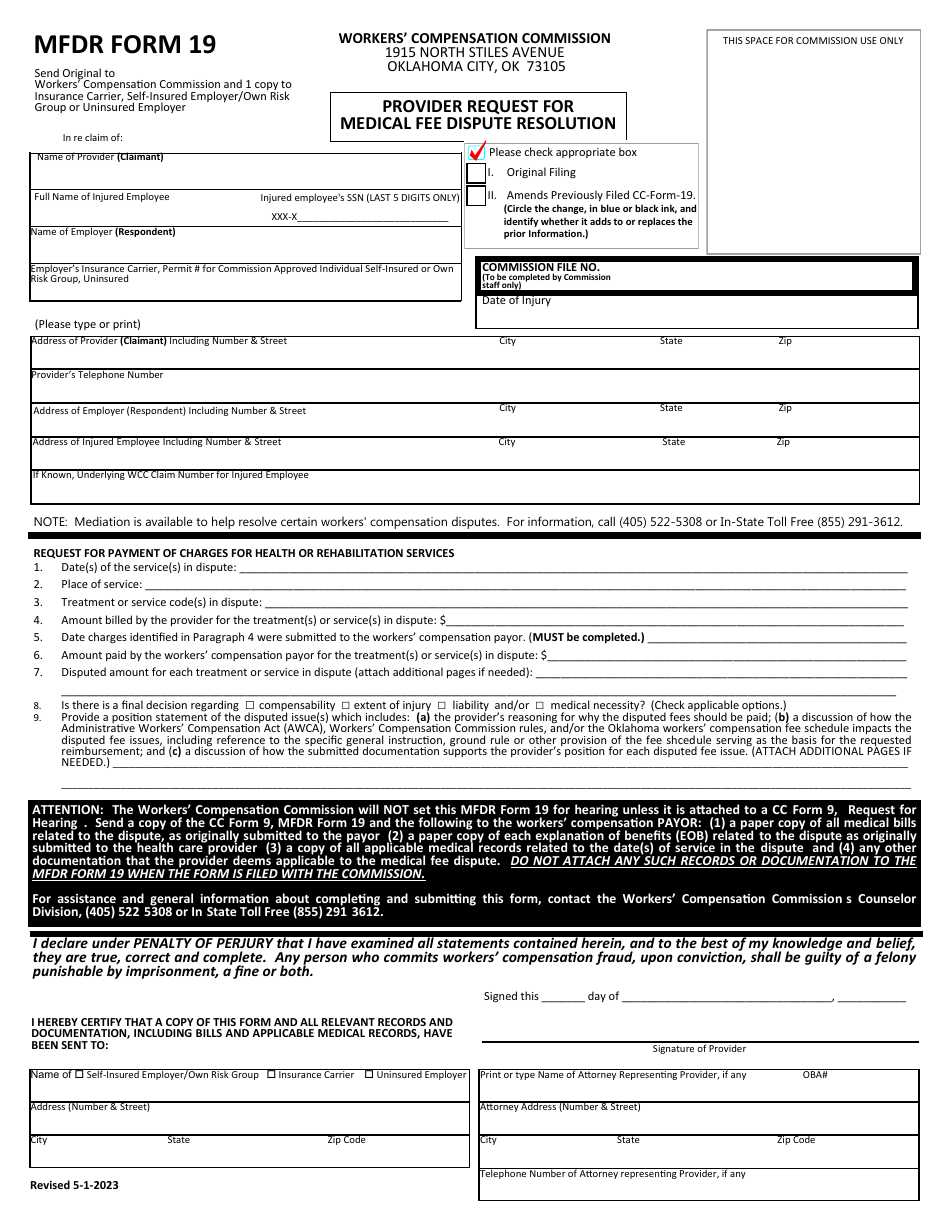 MFDR Form 19 Provider Request for Medical Fee Dispute Resolution - Oklahoma, Page 1