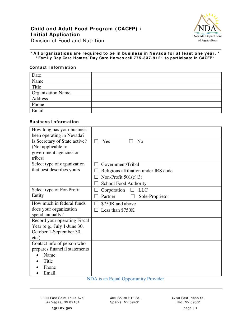Initial Application - Child and Adult Food Program (CACFP) - Nevada, Page 1