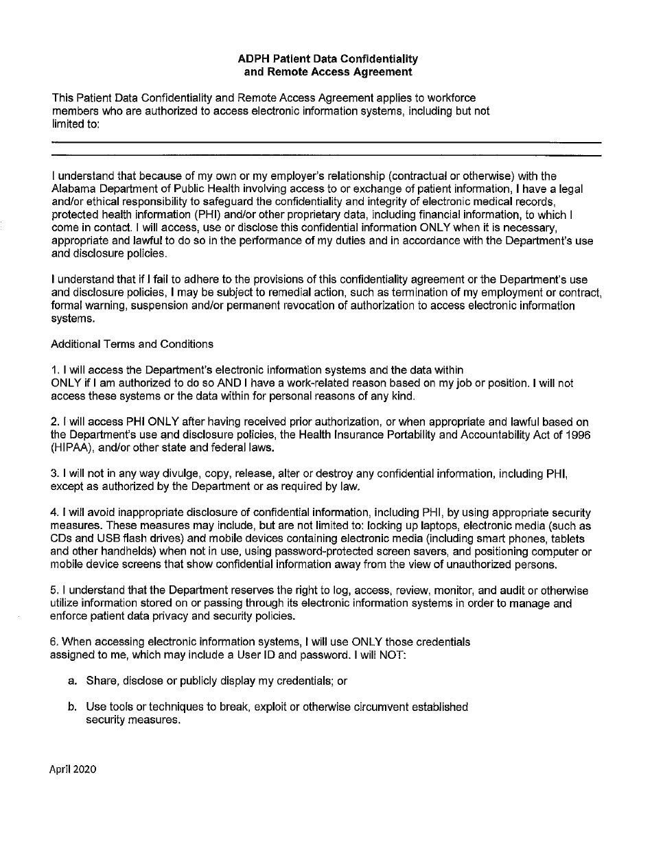 Adph Patient Data Confidentiality and Remote Access Agreement - Alabama, Page 1