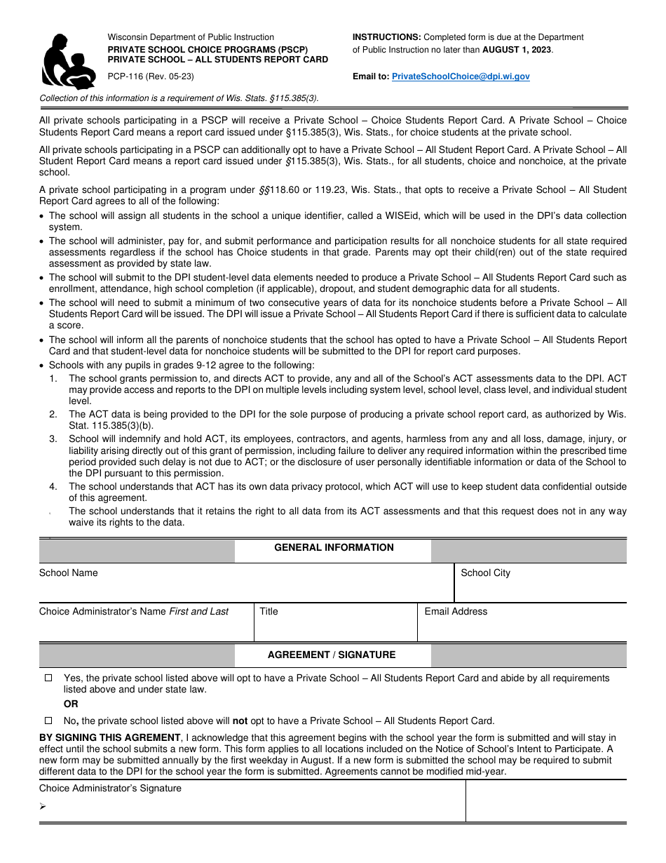 Form PCP-116 Private School - All Students Report Card - Private School Choice Programs (Pscp) - Wisconsin, Page 1