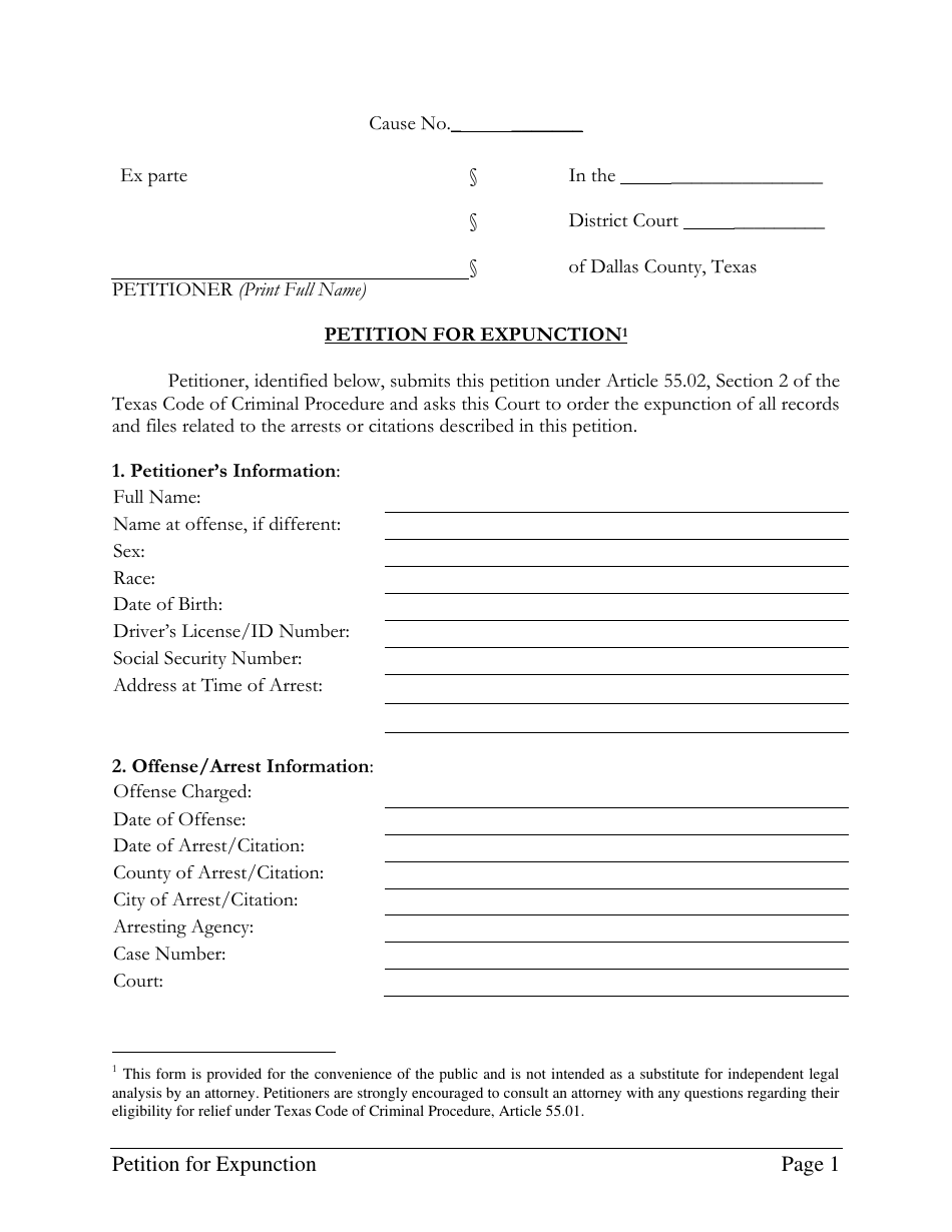 Petition for Expunction - Dallas County, Texas, Page 1