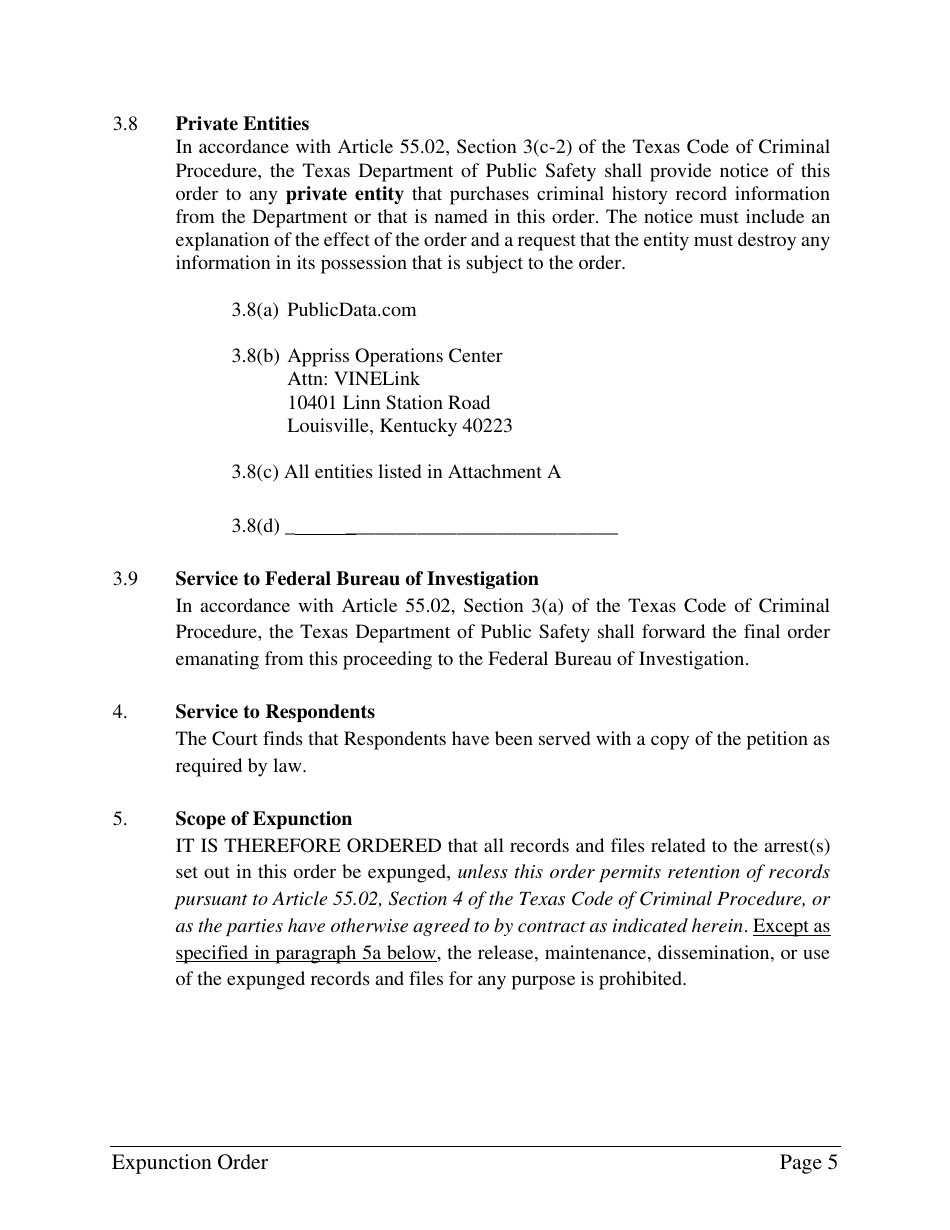 Order Granting Expunction - Dallas County, Texas, Page 5