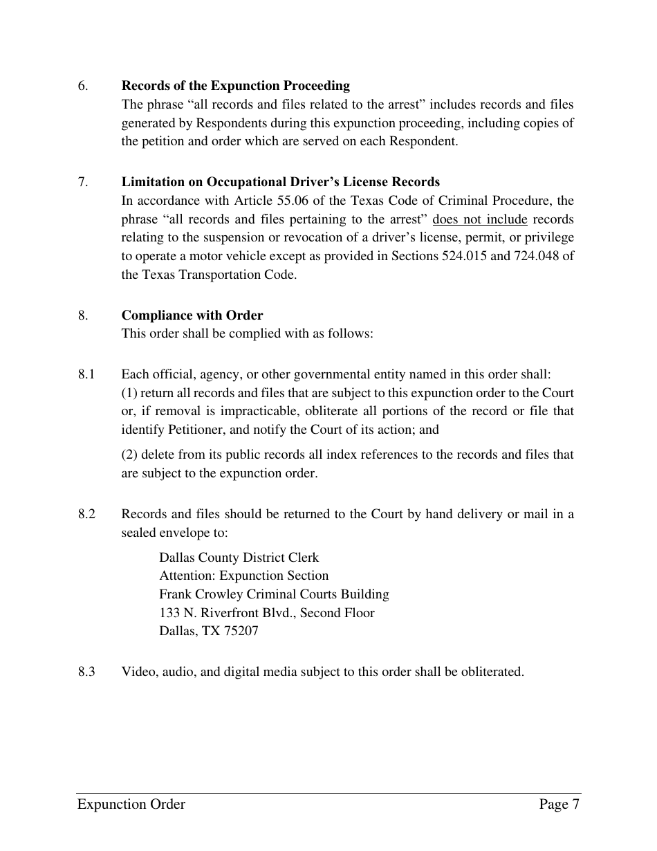 Order Granting Expunction - Dallas County, Texas, Page 7