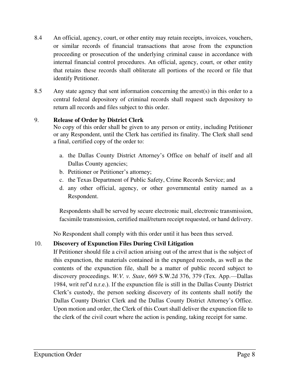 Order Granting Expunction - Dallas County, Texas, Page 8