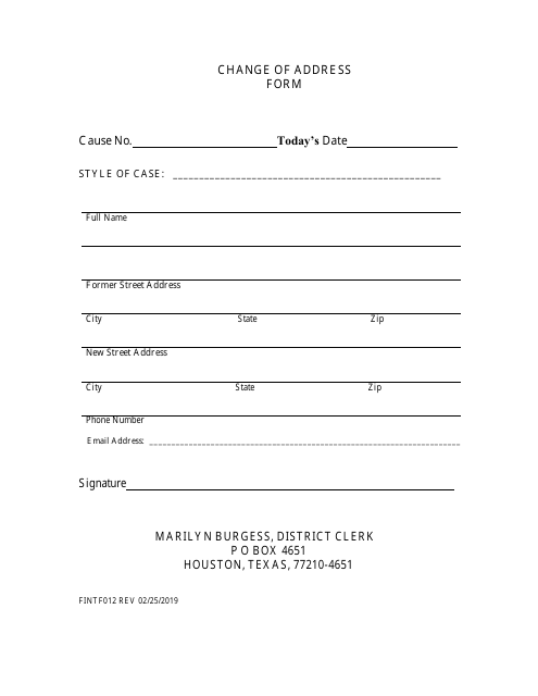 Form FINTF012 Change of Address Form - Harris County, Texas