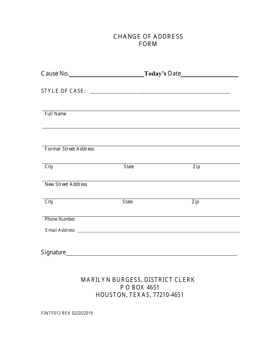 Form FINTF012 Change of Address Form - Harris County, Texas, Page 1