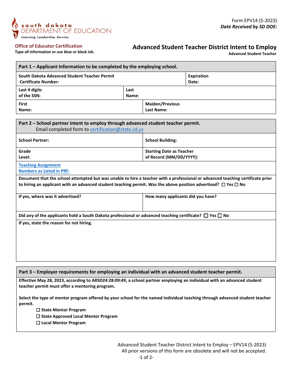 Form EPV14 Advanced Student Teacher District Intent to Employ - South Dakota, Page 1