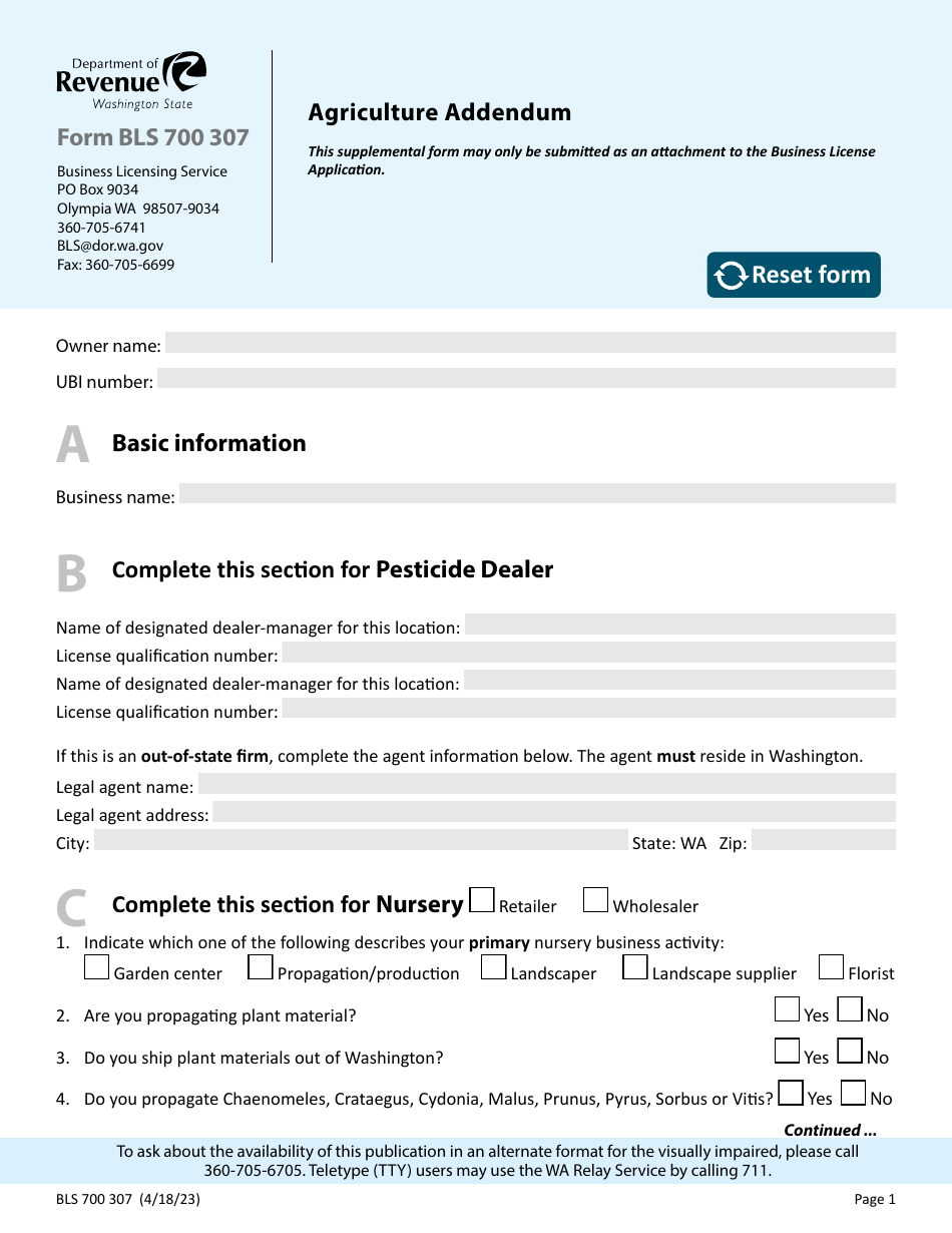 Form BLS700 307 Agriculture Addendum - Washington, Page 1