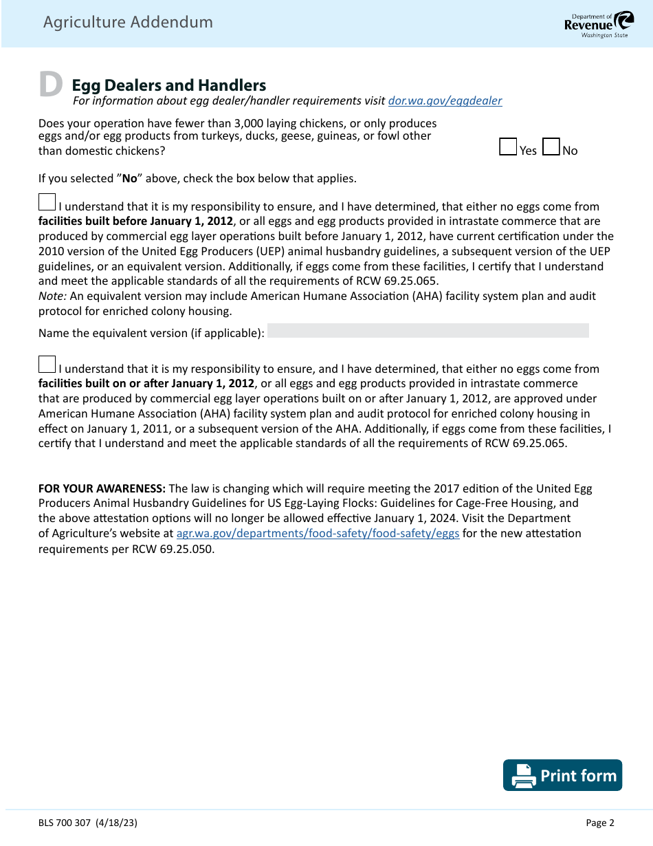 Form BLS700 307 Agriculture Addendum - Washington, Page 2