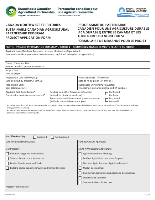 Form NWT9387 Project Application Form - Canada-Northwest Territories Sustainable Canadian Agricultural Partnership Program - Northwest Territories, Canada (English/French)