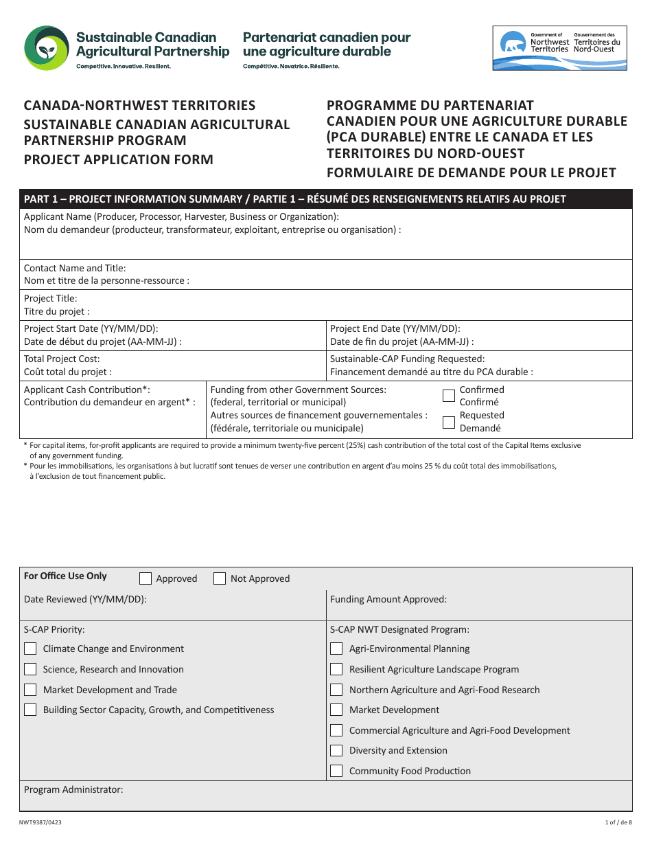 Form NWT9387 Project Application Form - Canada-Northwest Territories Sustainable Canadian Agricultural Partnership Program - Northwest Territories, Canada (English / French), Page 1