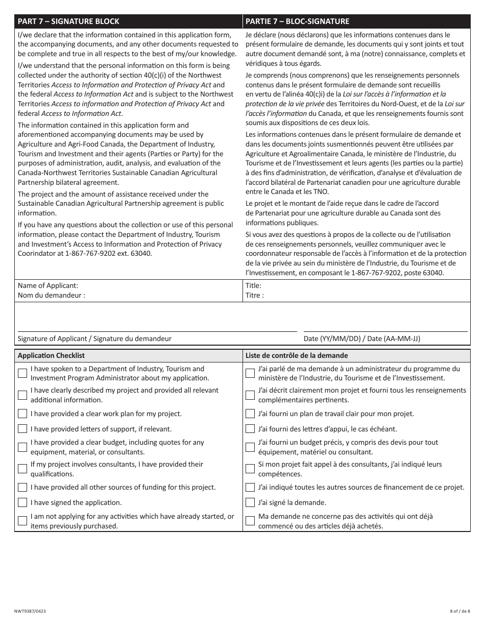 Form NWT9387 Project Application Form - Canada-Northwest Territories Sustainable Canadian Agricultural Partnership Program - Northwest Territories, Canada (English / French), Page 8