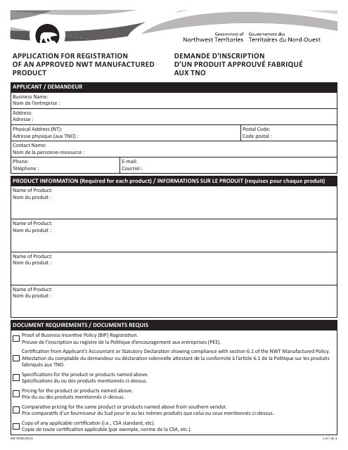 Form NWT9395 Application for Registration of an Approved Nwt Manufactured Product - Northwest Territories, Canada (English/French)
