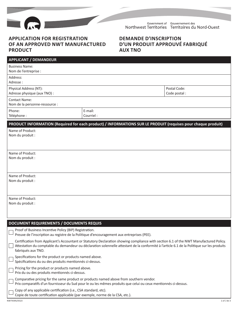 Form NWT9395 Application for Registration of an Approved Nwt Manufactured Product - Northwest Territories, Canada (English / French), Page 1
