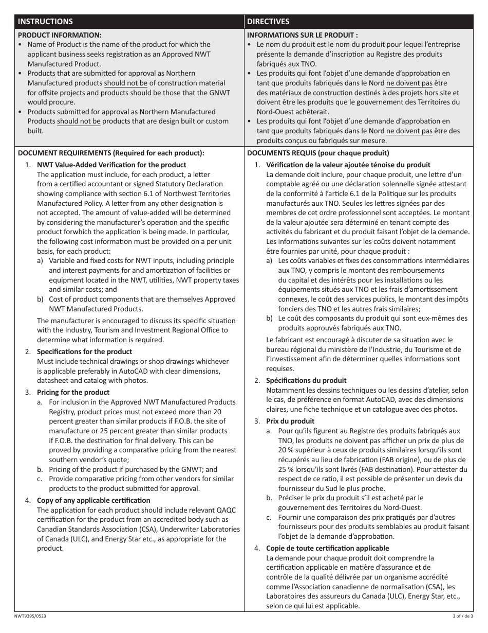 Form NWT9395 Application for Registration of an Approved Nwt Manufactured Product - Northwest Territories, Canada (English / French), Page 3