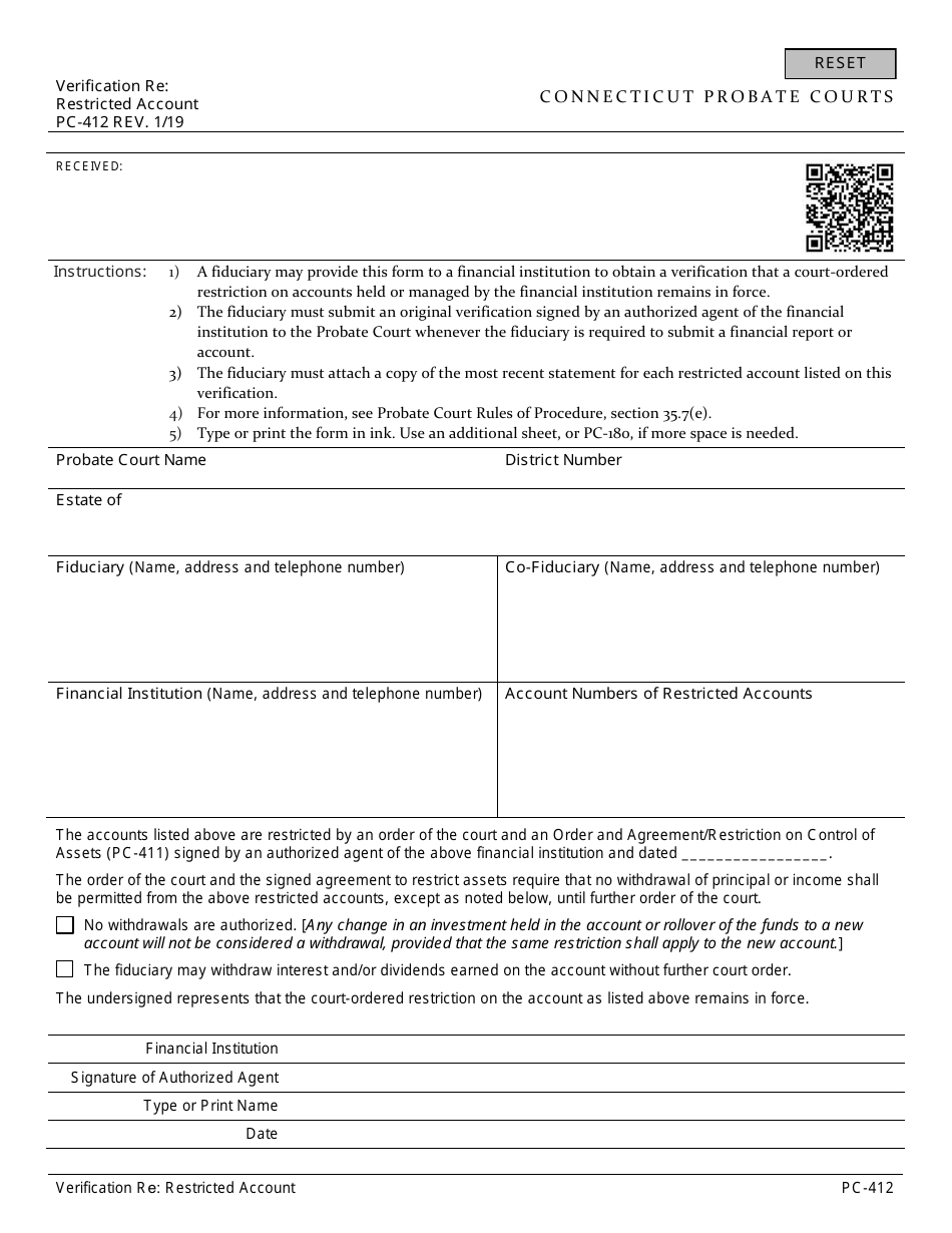 Form PC-412 Verification Re: Restricted Account - Connecticut, Page 1