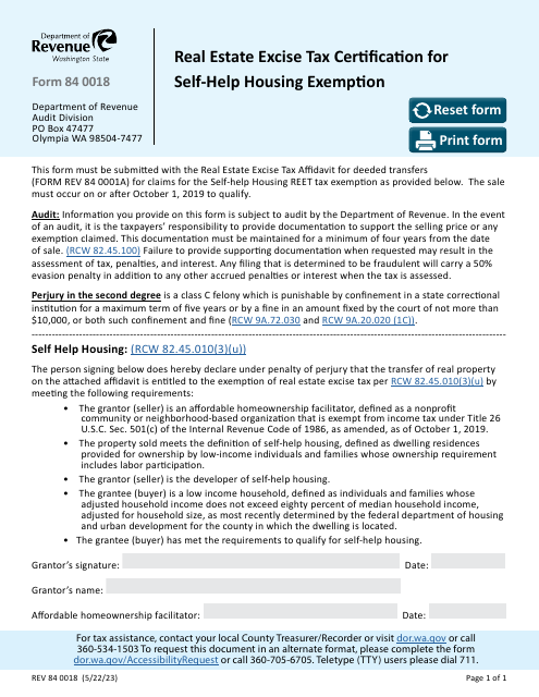 Form REV84 0018 Real Estate Excise Tax Certification for Self-help Housing Exemption - Washington