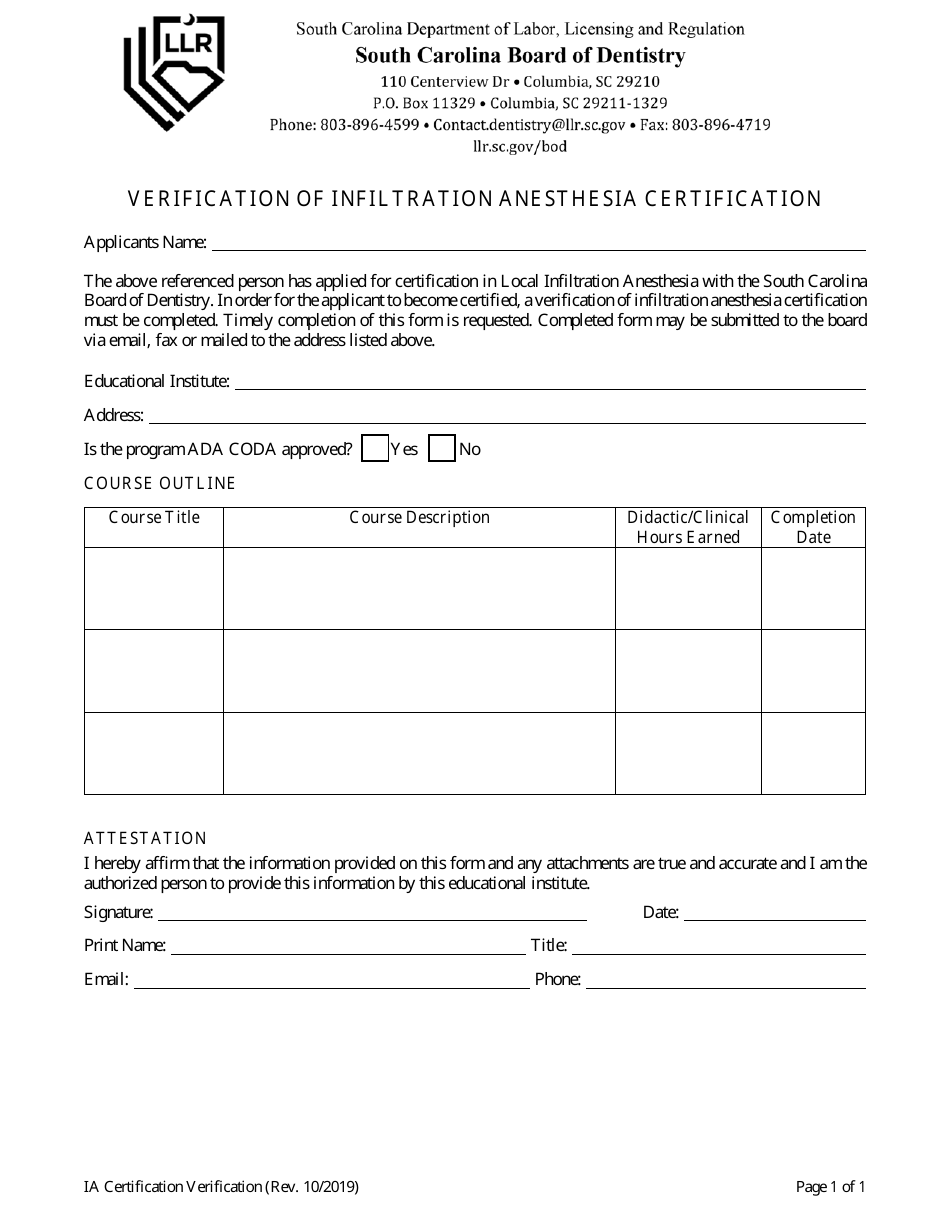 Application for Infiltration Anesthesia Examination - South Carolina, Page 5