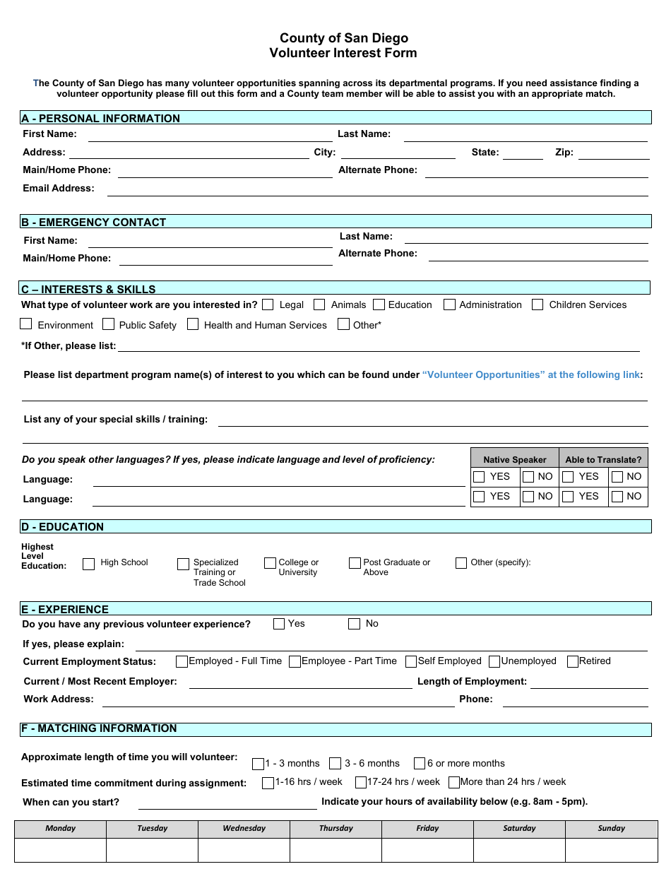 Volunteer Interest Form - County of San Diego, California, Page 1