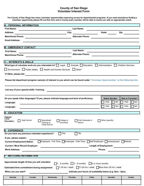 Volunteer Interest Form - County of San Diego, California Download Pdf