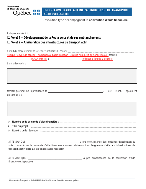 Resolution type Accompagnant La Convention D'aide Financiere - Programme D'aide Aux Infrastructures De Transport Actif (Veloce Iii) - Quebec, Canada (French) Download Pdf