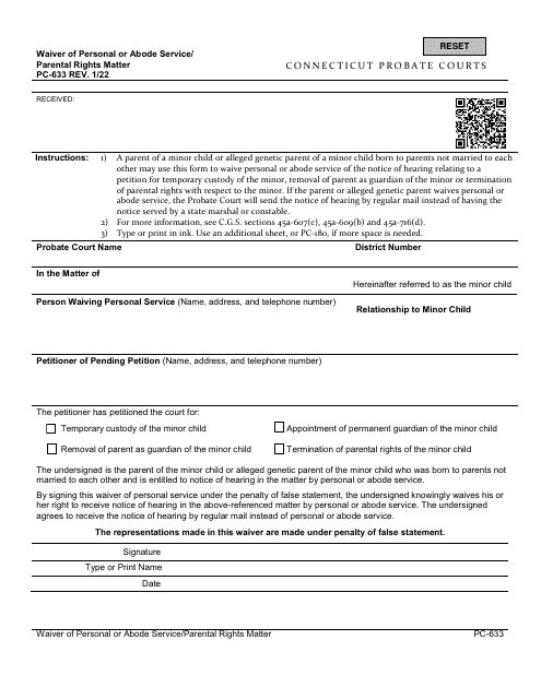 Form PC-633 Waiver of Personal or Abode Service/Parental Rights Matter - Connecticut