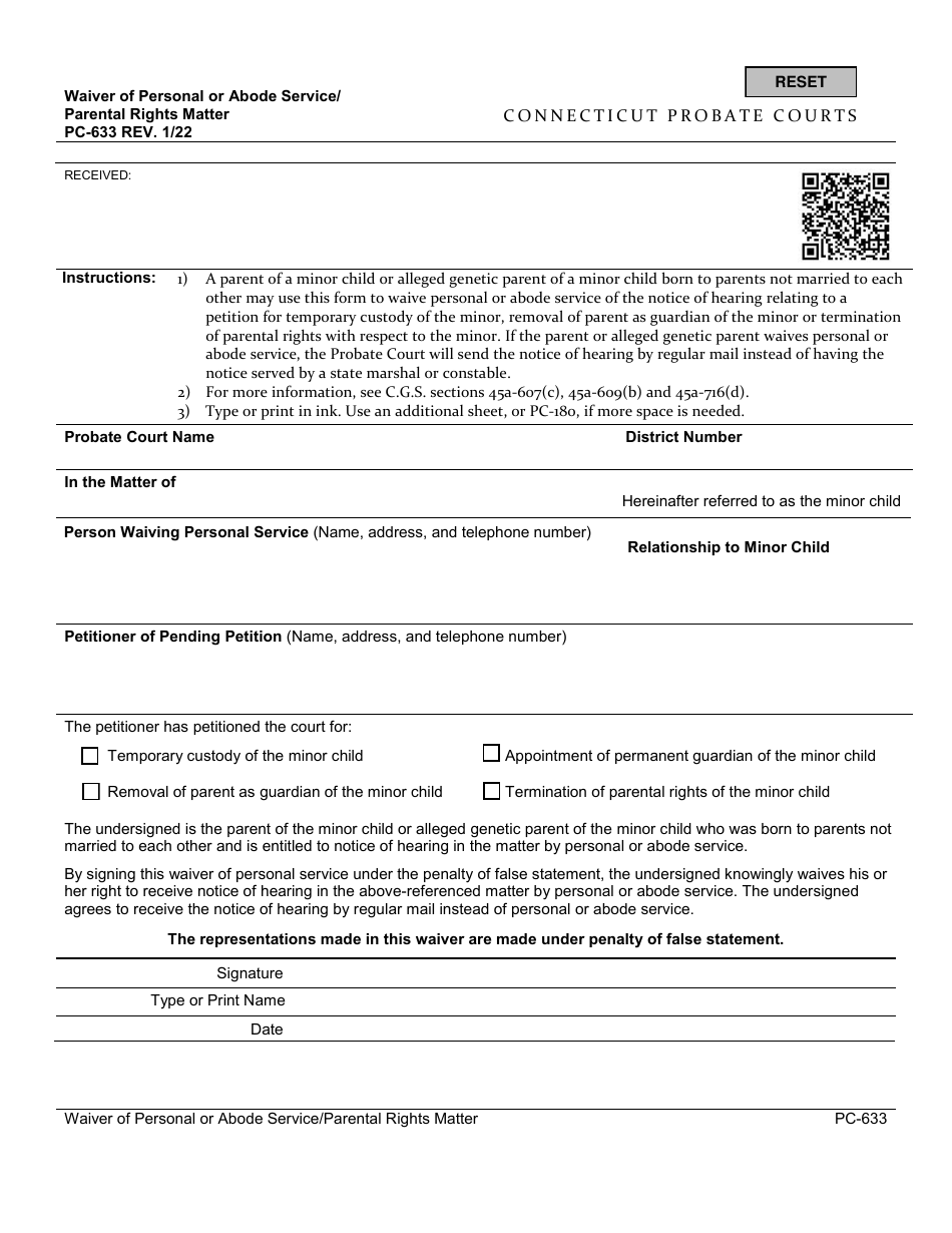 Form PC-633 Waiver of Personal or Abode Service / Parental Rights Matter - Connecticut, Page 1