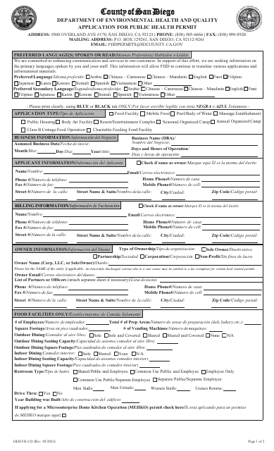 Form DEH:FH-152 Application for Public Health Permit - County of San Diego, California