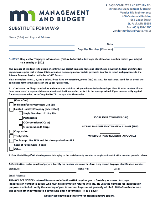 Form W-9 Substitute Form - Minnesota