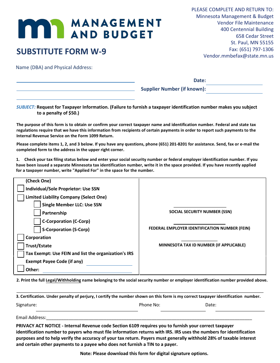 Form W-9 Substitute Form - Minnesota, Page 1