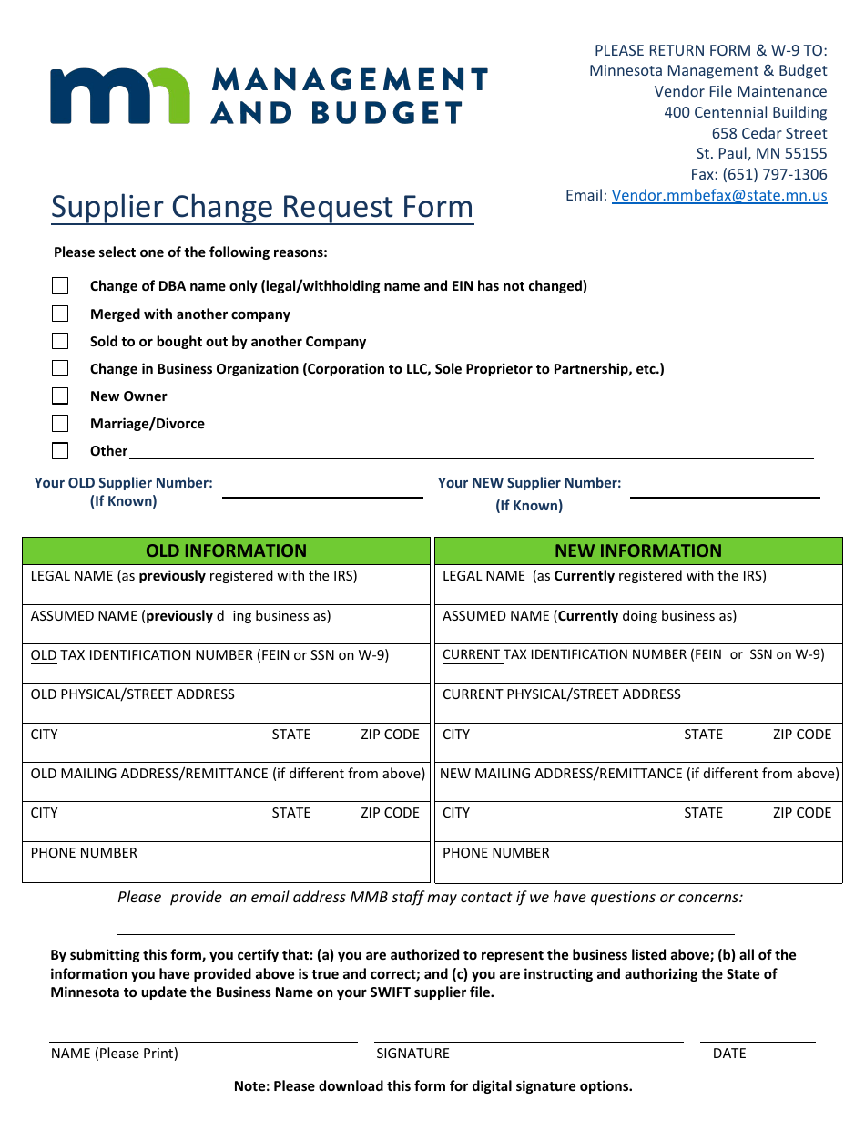 Supplier Change Request Form - Minnesota, Page 1
