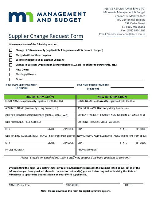 Supplier Change Request Form - Minnesota Download Pdf