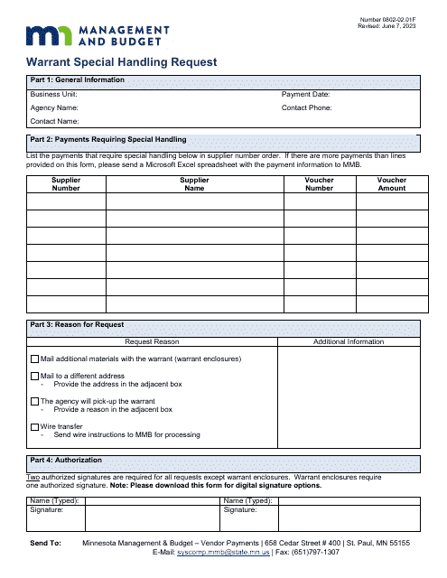Form 0802-02.01F Warrant Special Handling Request - Minnesota