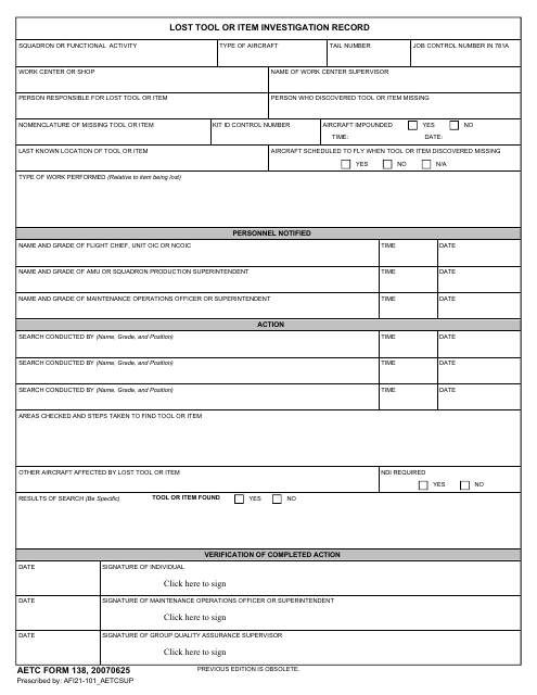 AETC Form 138 Lost Tool or Item Investigation Record