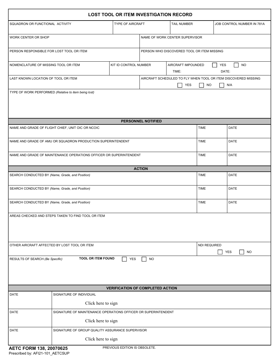 AETC Form 138 Lost Tool or Item Investigation Record, Page 1