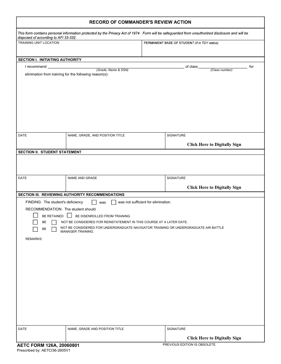 AETC Form 126A Record of Commanders Review Action, Page 1
