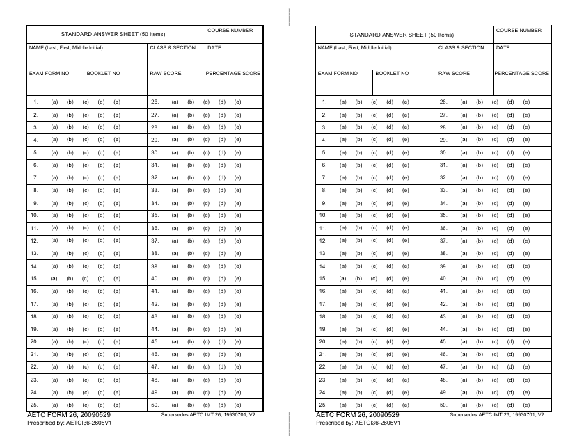 AETC Form 26 Standard Answer Sheet (50 Items)