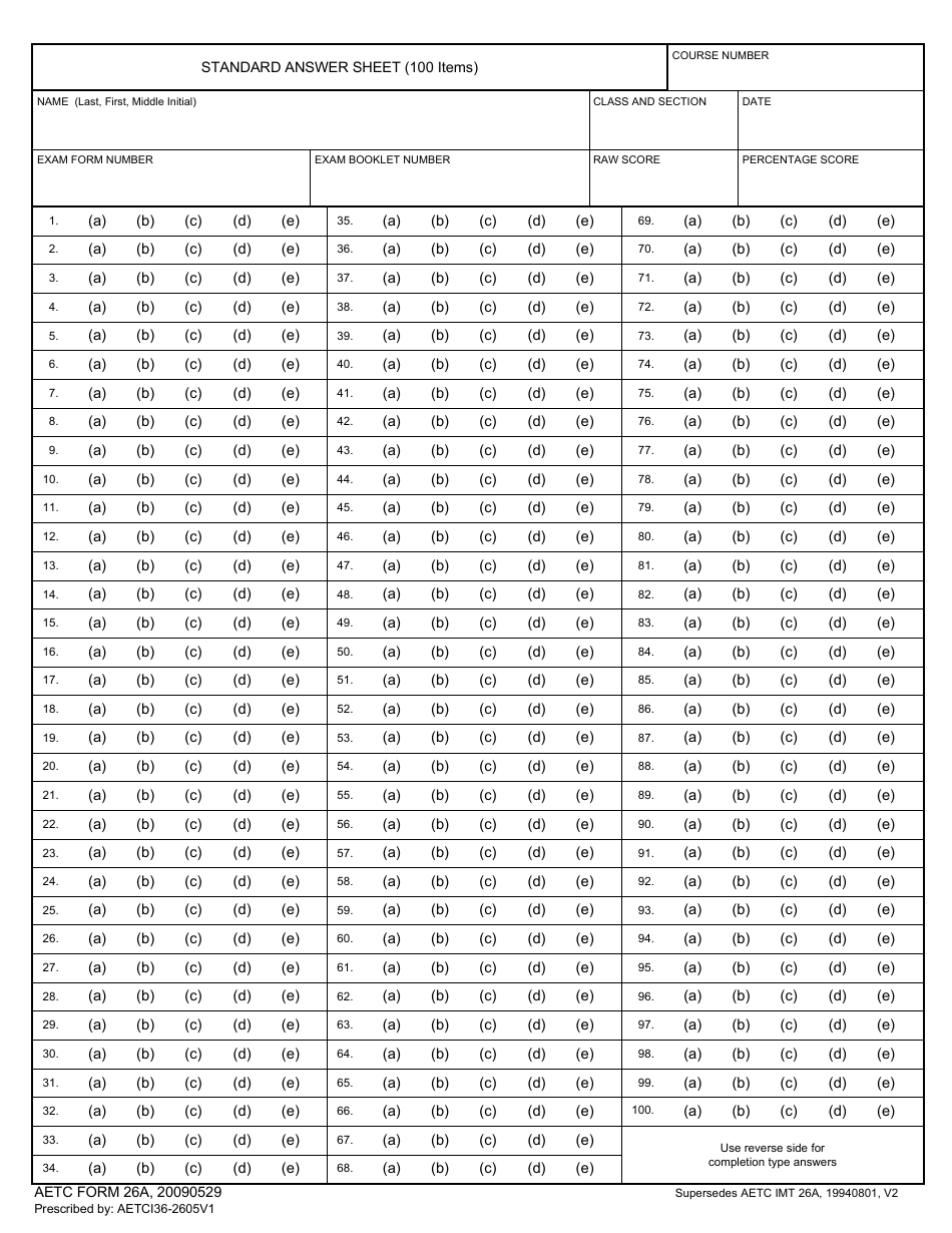 AETC Form 26A Standard Answer Sheet (100 Items), Page 1