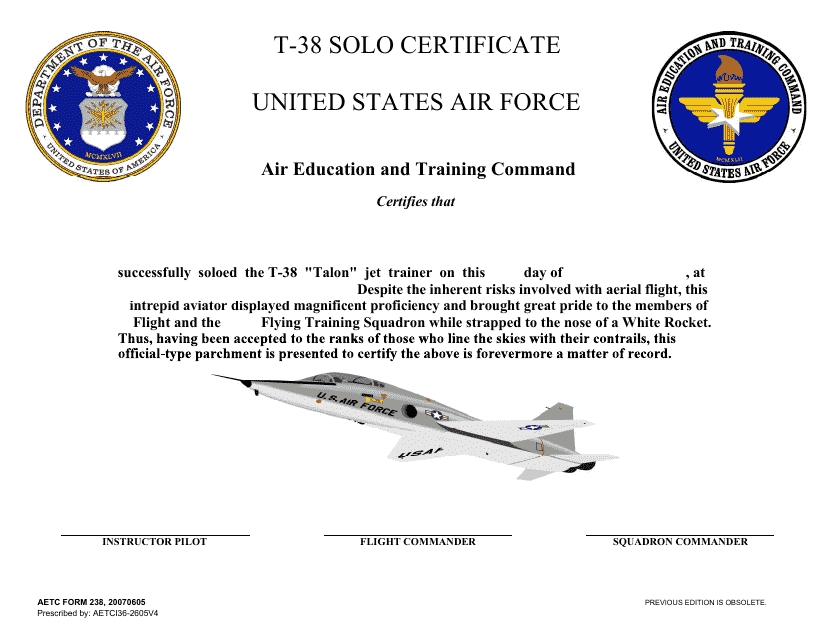 AETC Form 238 T-38 Solo Certificate
